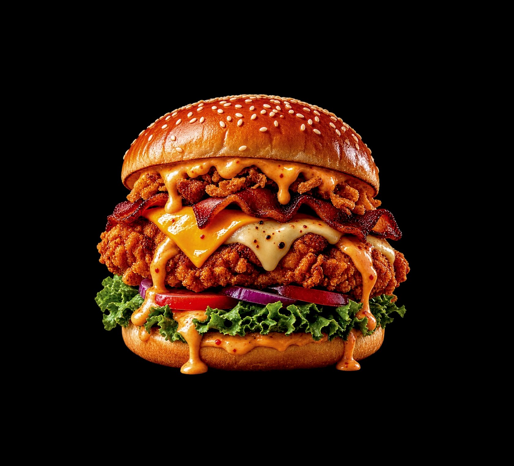A double crispy chicken burger with bacon, melted cheese and lettuce on a sesame brioche bun.