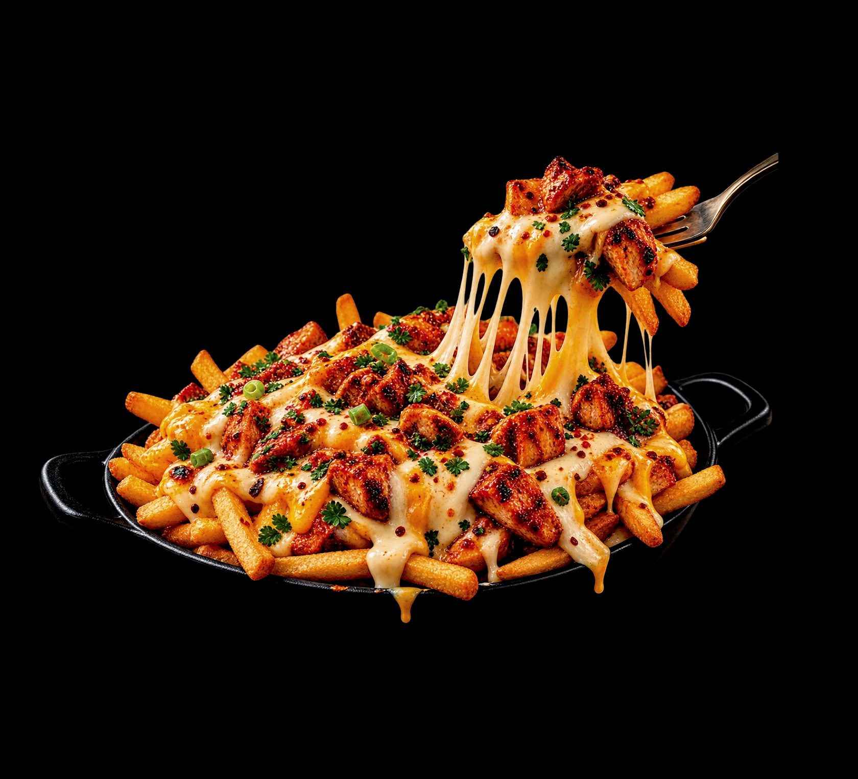 A skillet of fries loaded with grilled chicken and molten cheese, lifted on a fork.