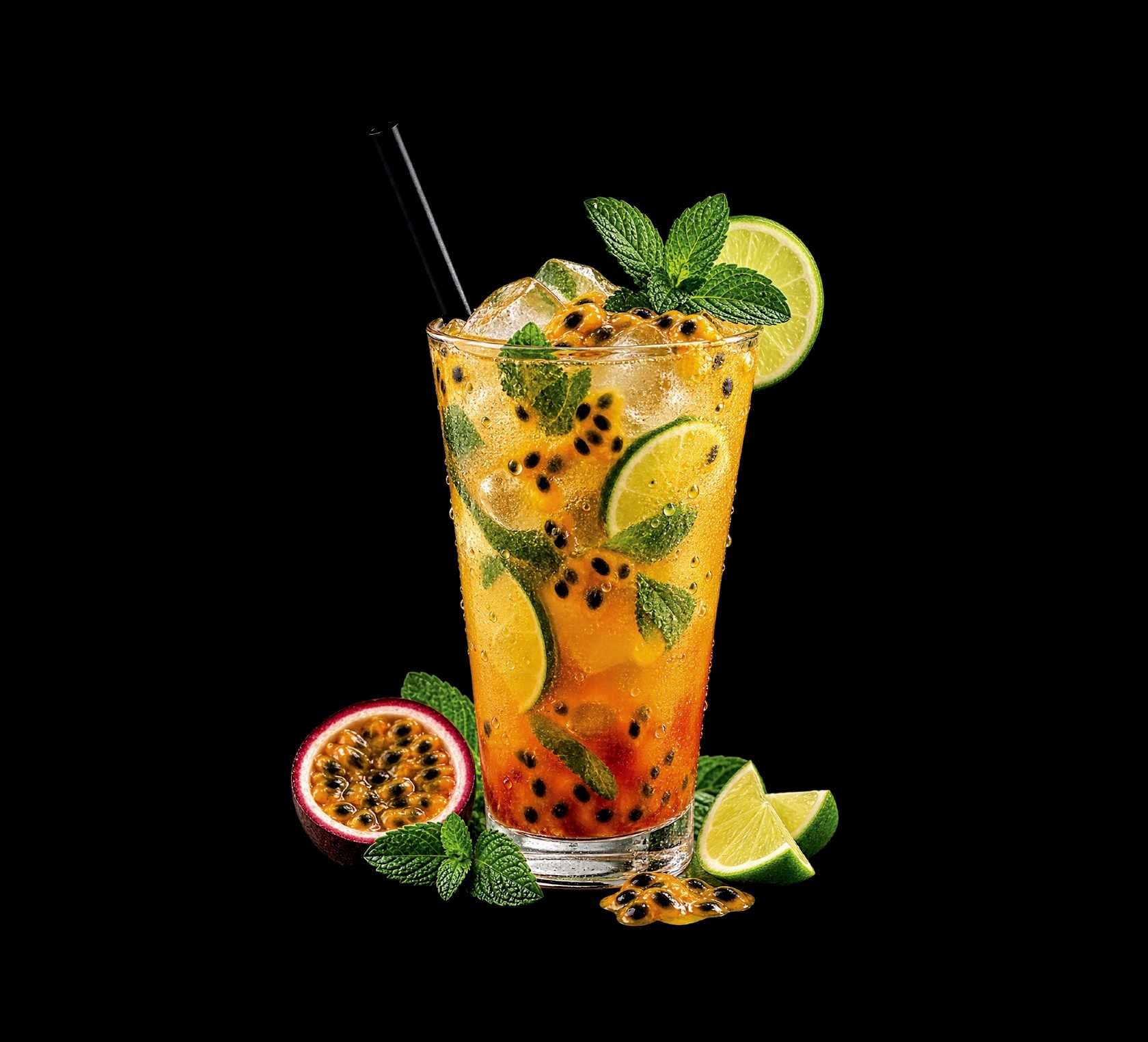 A tall passion fruit mojito over ice with mint, lime wedges and fresh passion fruit.