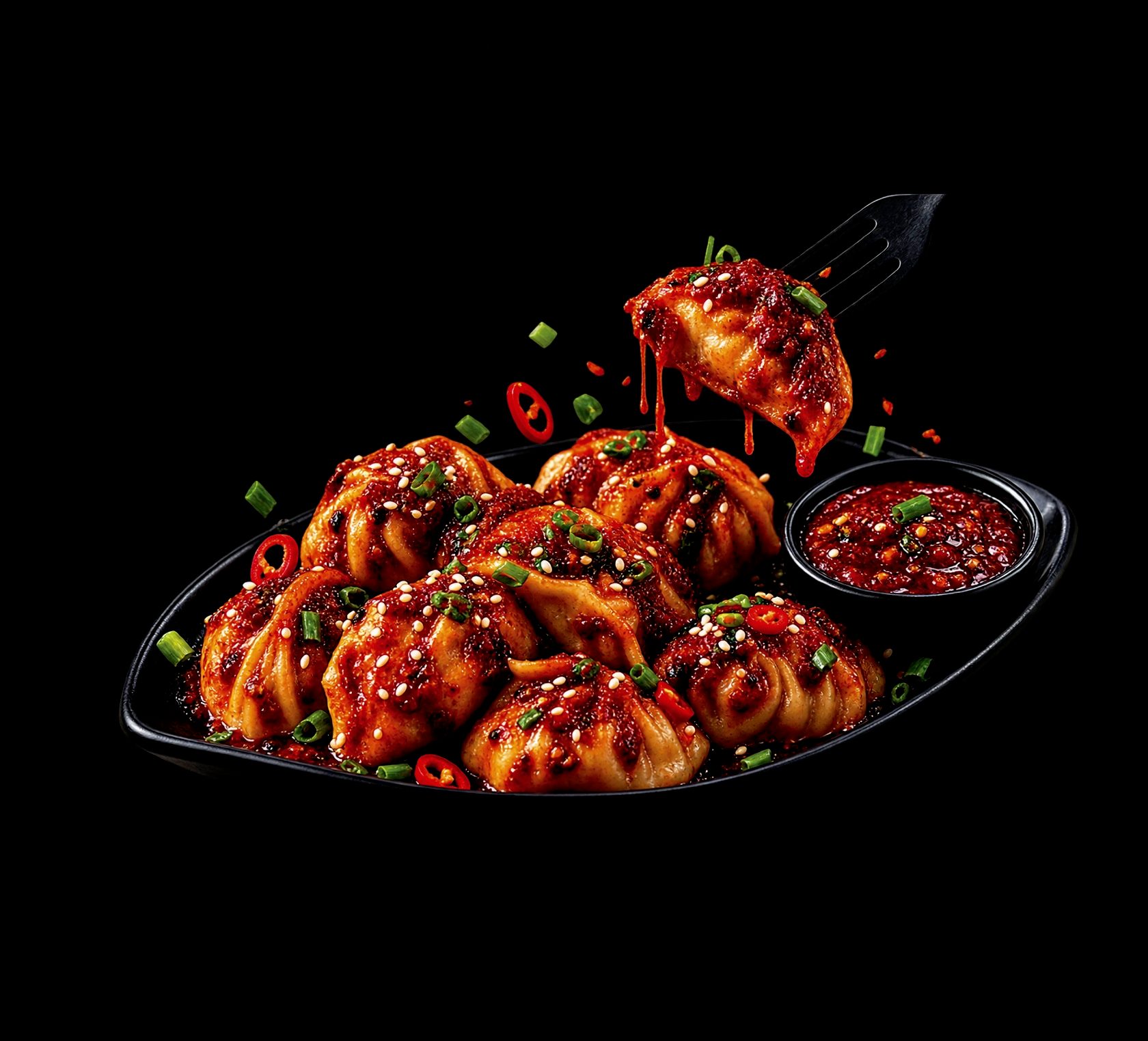 A platter of glazed schezwan momos topped with sesame and spring onion, served with chilli dip.